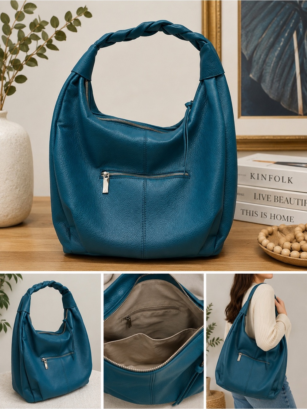 Le miel Teal Braided-Handle Hobo Tote Bag - Women